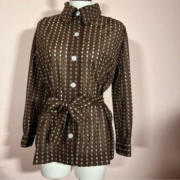 Vintage 1960 70 Dalton MCM Brown lace Tie Waist Belted Button Down shirt Jacket - Picture 1 of 17